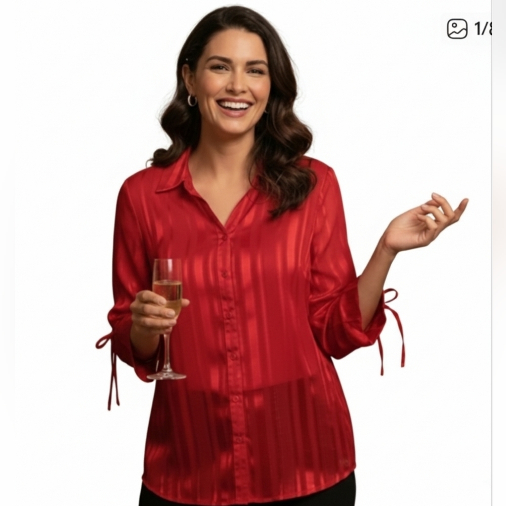 BonWorth Vibrant Red Sheer Button Down Shirt Size L